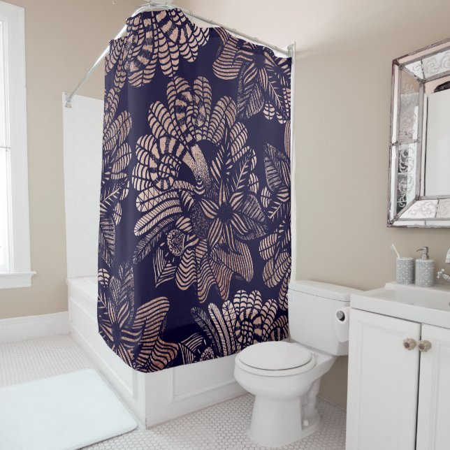 Elegant Rose Gold Floral Drawings on Navy Blue Shower Curtain (In Situ)