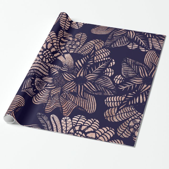 Elegant Rose Gold Floral Drawings on Navy Blue Wrapping Paper (Unrolled)