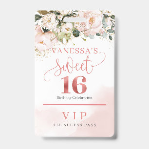 Elegant rose gold floral eucalyptus gold sixteen ID badge