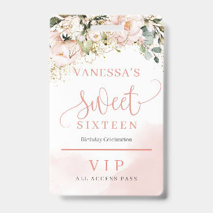 Elegant rose gold floral eucalyptus gold sixteen ID badge