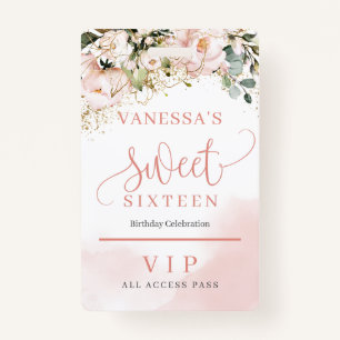 Elegant rose gold floral eucalyptus gold sixteen ID badge