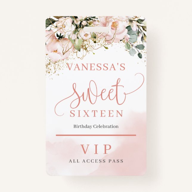 Elegant rose gold floral eucalyptus gold sixteen ID badge (Front)