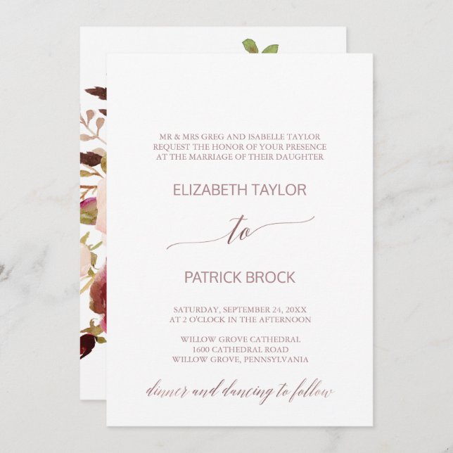 Elegant Rose Gold | Floral Formal Wedding Invitation (Front/Back)