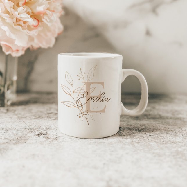 Elegant Rose Gold Floral Leaf Monogram Coffee Mug (Creator Uploaded)
