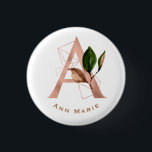 Elegant Rose Gold Floral Monogram Bridal Party  3 Cm Round Badge<br><div class="desc">The letter A - a beautiful monogram initial in rose gold embellished with an exquisite floral and geometric shape pattern.  Ideal gift and keepsake idea for your favourite bridesmaid.  Easily customise the name of choice.</div>