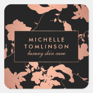 Elegant Rose Gold Floral Pattern Black Square Sticker