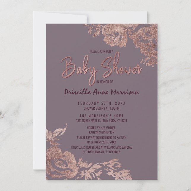 Elegant Rose Gold Floral Purple Mauve Baby Shower Invitation (Front)