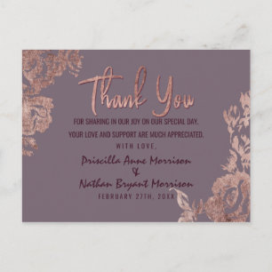Elegant Rose Gold Floral Purple Mauve Thank You Postcard