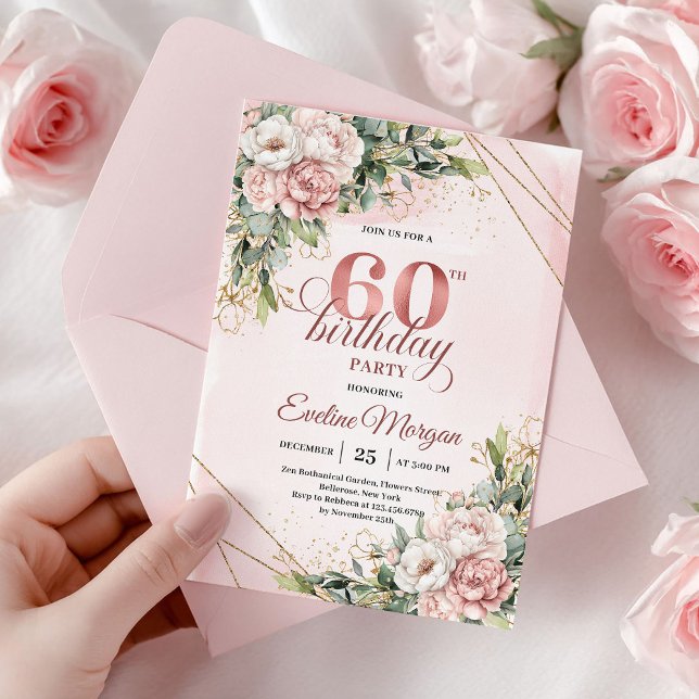 Elegant Rose Gold Floral Watercolor 60th Birthday  Invitation (Elegant Rose Gold Floral Watercolor 60th Birthday Invite

)