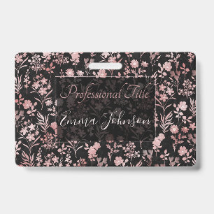 Elegant Rose Gold Flowers Black Botanical ID Badge