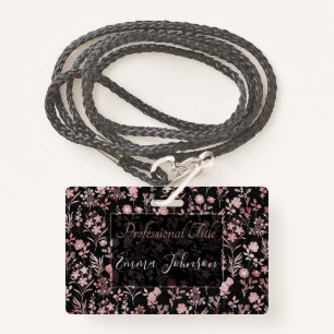 Elegant Rose Gold Flowers Black Botanical ID Badge