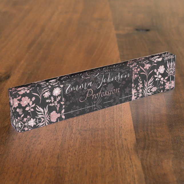 Elegant Rose Gold Flowers Black Botanical Nameplate (Side)