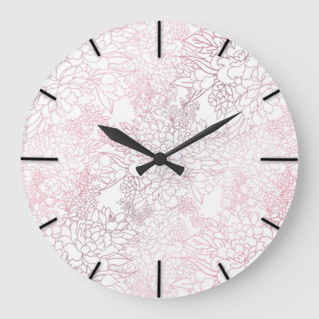 Elegant Rose Gold Flowers Floral Botanical Design Large Clock (Front)