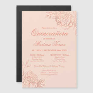 Elegant Rose Gold Flowers Pink Floral Quinceanera Magnetic Invitation