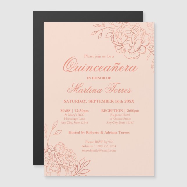 Elegant Rose Gold Flowers Pink Floral Quinceanera Magnetic Invitation (Front/Back)