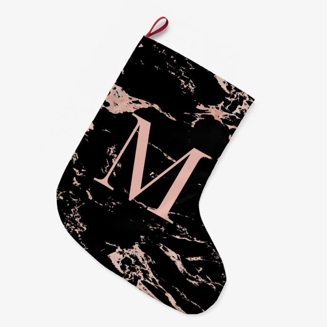 Elegant Rose Gold Foil Black Marble Monogram Large Christmas Stocking (Front (Hanging))