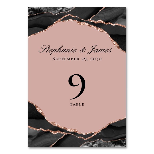 Elegant Rose Gold Foil Black White Agate Wedding Table Number (Front)