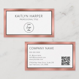 Elegant Rose Gold Foil Edged Logo QR Code Business Card