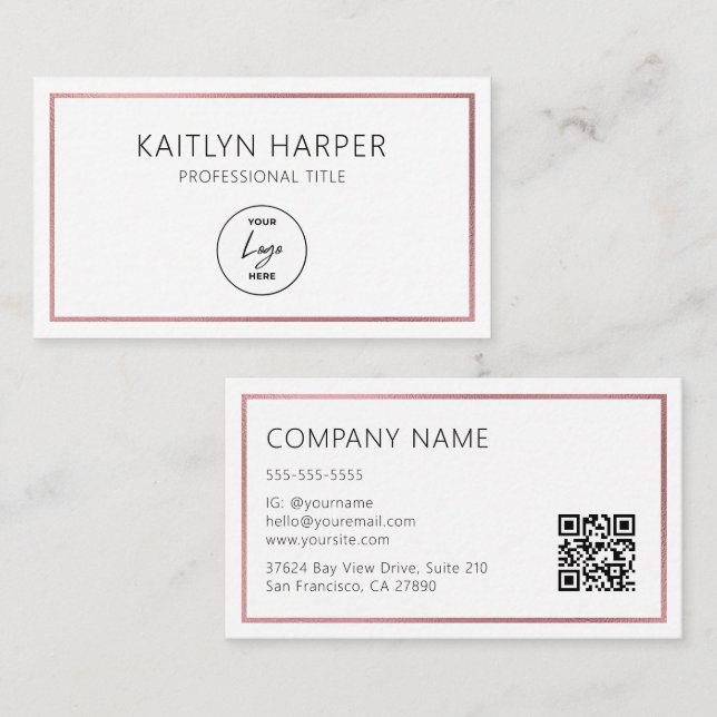 Elegant Rose Gold Foil Frame Minimal Logo QR Code Business Card (Front/Back)