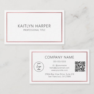 Elegant Rose Gold Foil Frame Minimal Logo QR Code Business Card