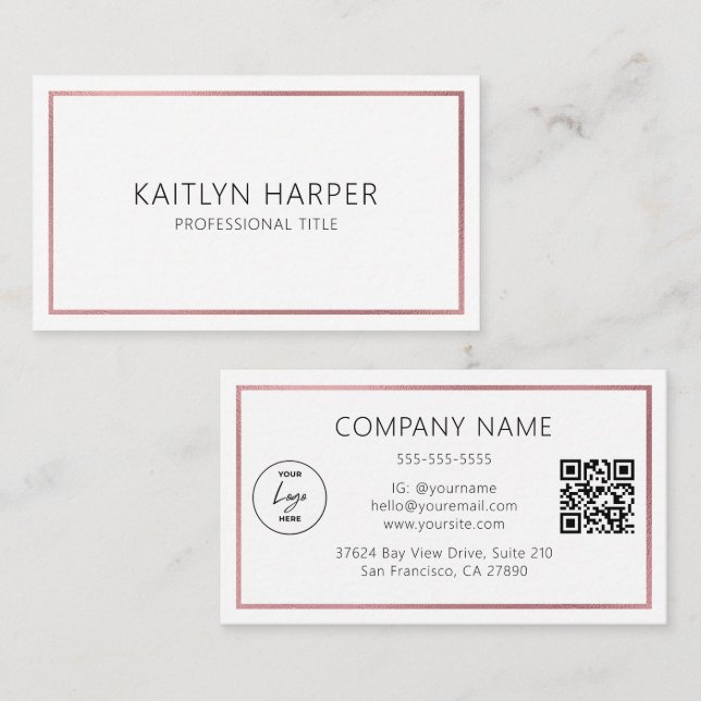 Elegant Rose Gold Foil Frame Minimal Logo QR Code Business Card (Front/Back)