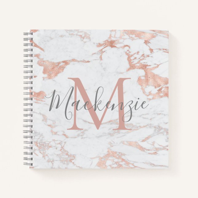 Elegant Rose Gold Foil Marble Monogram Notebook (Front)
