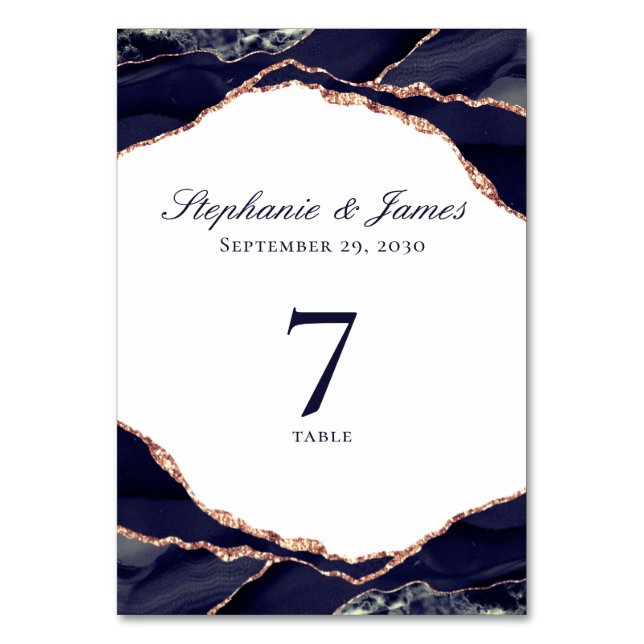 Elegant Rose Gold Foil Navy Blue Agate Wedding Table Number (Front)
