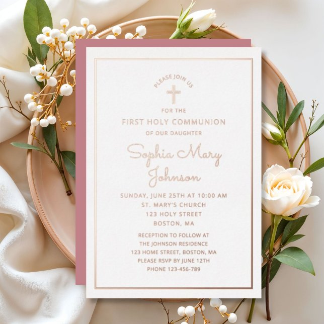 Elegant Rose Gold Foil Script Pink First Communion (Elegant Rose Gold Foil Script Pink First Communion Foil Invitation)