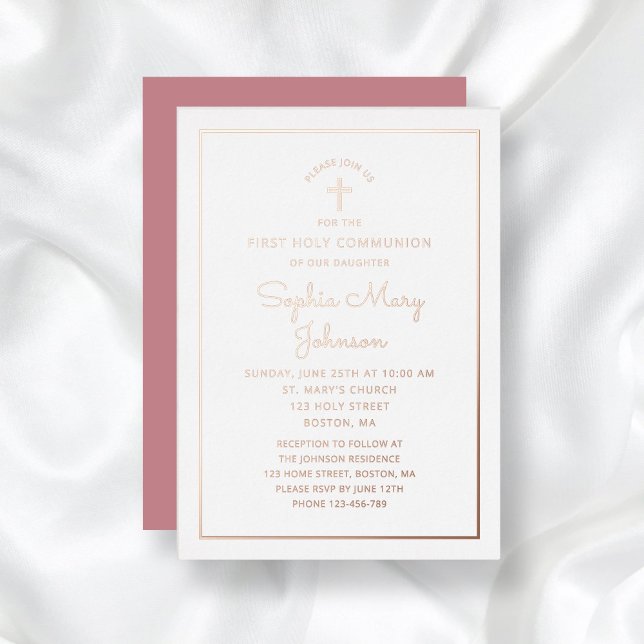 Elegant Rose Gold Foil Script Pink First Communion (Elegant Rose Gold Foil Script Pink First Communion Foil Invitation)