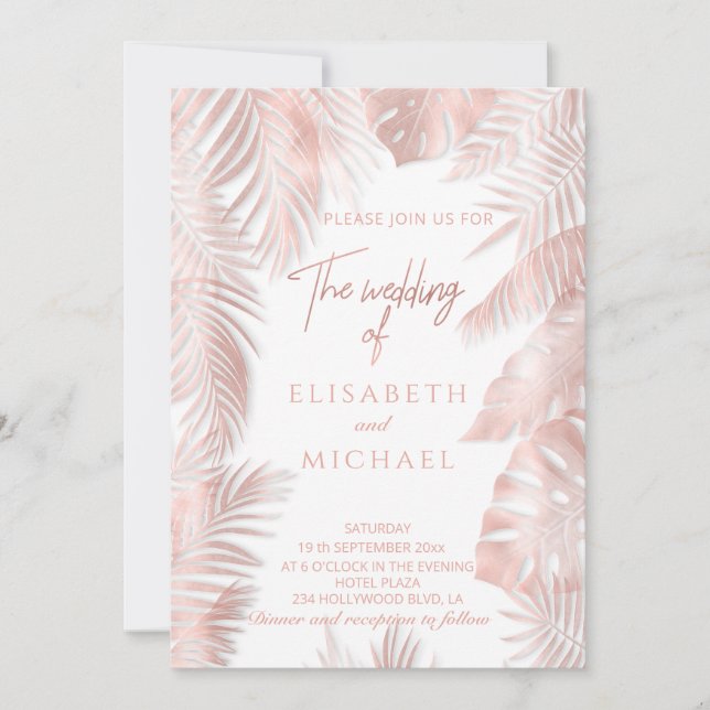 Elegant rose gold foil  tropical leaves romantic invitation (Front)