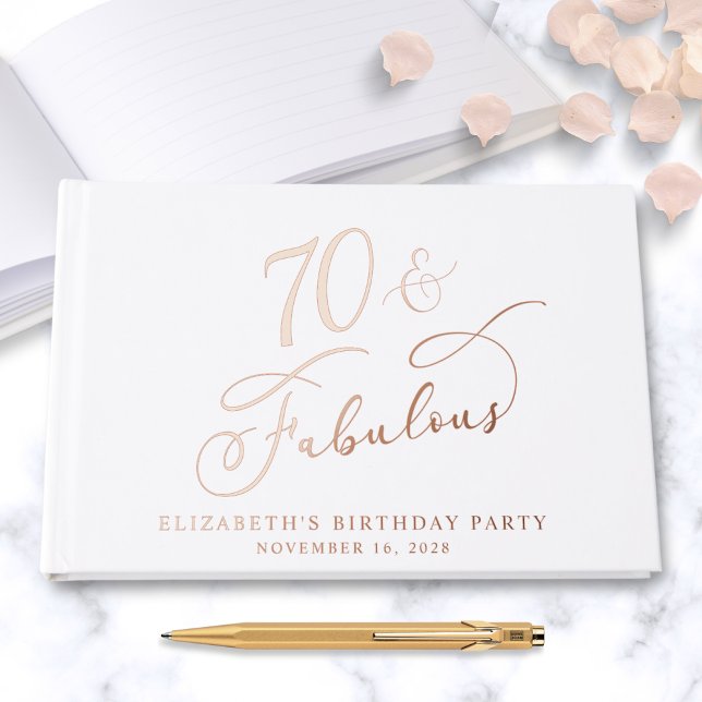 Elegant Rose Gold Foil White 70th Birthday Party Guest Book (Creator Uploaded)