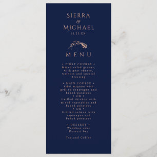 Elegant Rose Gold Foliage Navy Blue Wedding Menu
