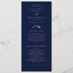 Elegant Rose Gold Foliage Navy Blue Wedding Programme