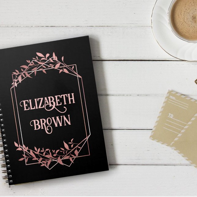 Elegant rose gold frame leaves black notebook (Feminine & luxury )