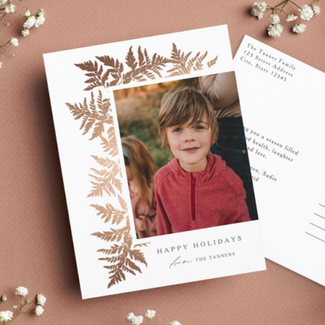 Elegant Rose Gold GarlandPhoto Christmas  Holiday Postcard (Elegant rose gold ferns photo holiday postcard.)