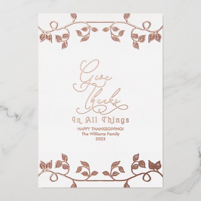 Elegant Rose Gold Give Thanks Script Family Photo (Front)