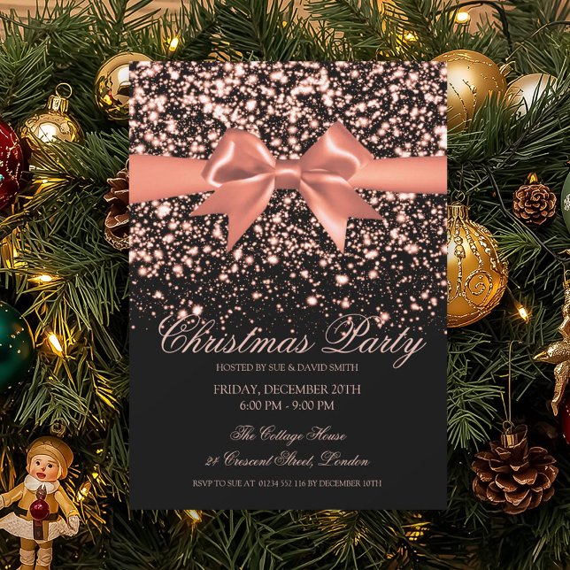 Elegant Rose Gold Glam Red Bow Christmas Party  Invitation (Elegant Rose Gold Glam Red Bow Christmas Party Invitation)