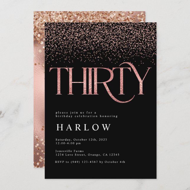 Elegant Rose Gold Glitter 30th Birthday Invite (Front/Back)