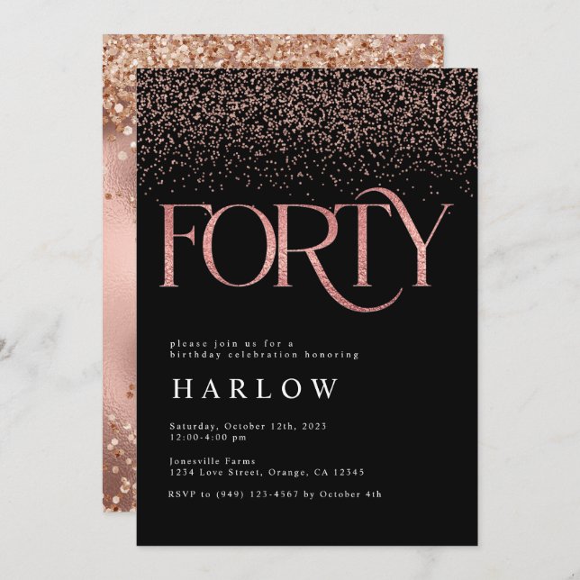 Elegant Rose Gold Glitter 40th Birthday Invite (Front/Back)
