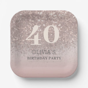 Elegant Rose Gold Glitter 40th Birthday Paper Plate