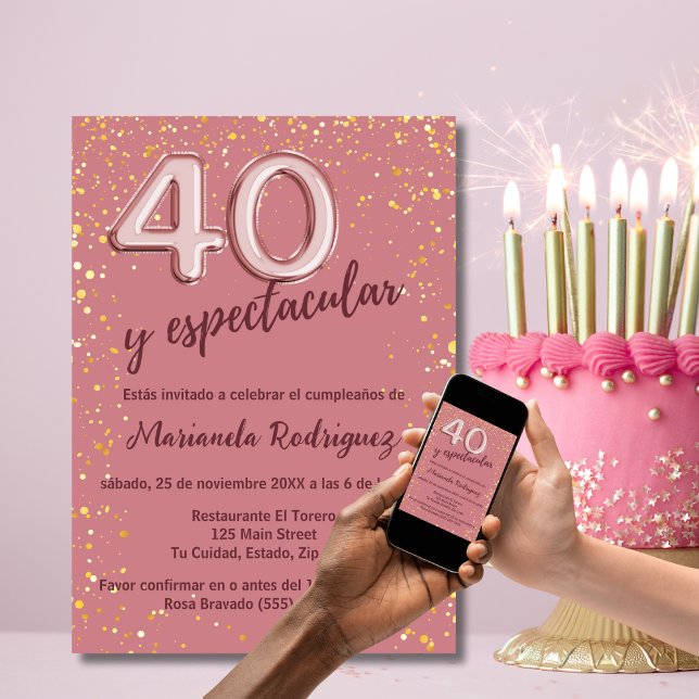 Elegant Rose Gold Glitter 40th Birthday Spanish Invitation (Creator Uploaded)