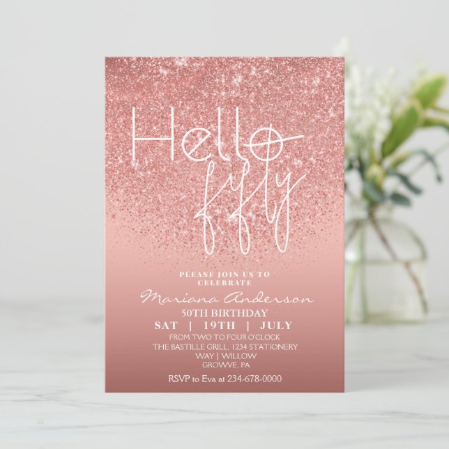 Elegant Rose Gold Glitter 50th Birthday Invita Invitation (Standing Front)