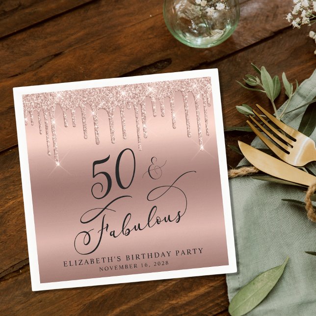 Elegant Rose Gold Glitter 50th Birthday Party Napkin (Creator Uploaded)