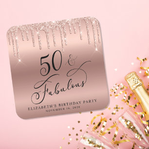 Elegant Rose Gold Glitter 50th Birthday Party Square Paper Coaster