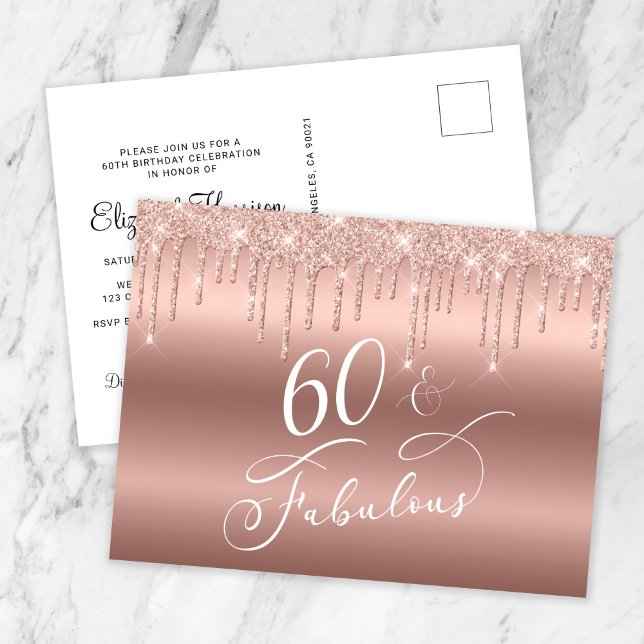 Elegant Rose Gold Glitter 60th Birthday Party Invitation Postcard (Creator Uploaded)