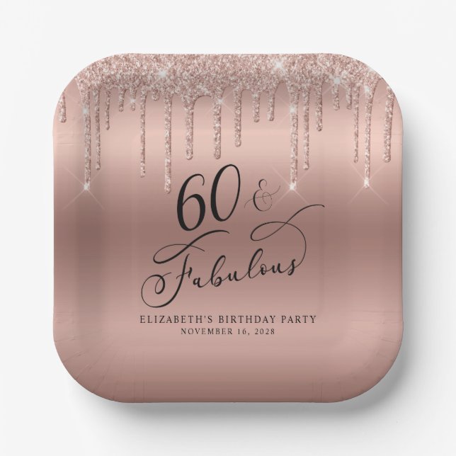 Elegant Rose Gold Glitter 60th Birthday Party Paper Plate (Front)