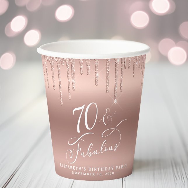 Elegant Rose Gold Glitter 70th Birthday Party Paper Cups (Creator Uploaded)