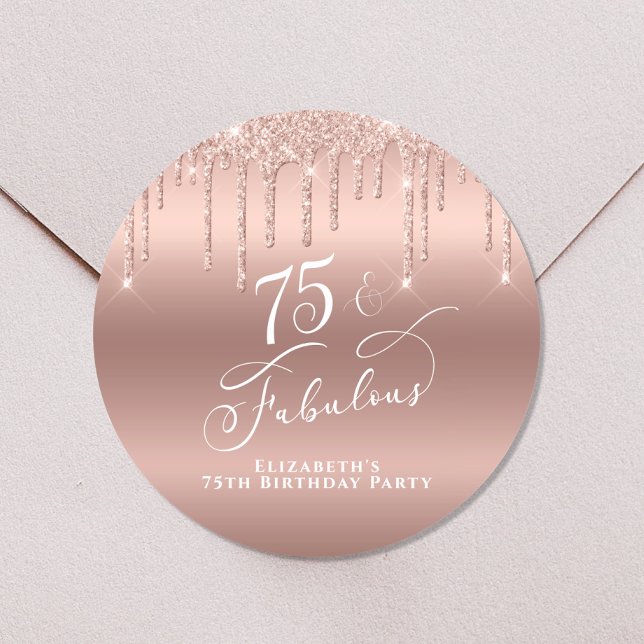 Elegant Rose Gold Glitter 75th Birthday Party Classic Round Sticker (Creator Uploaded)