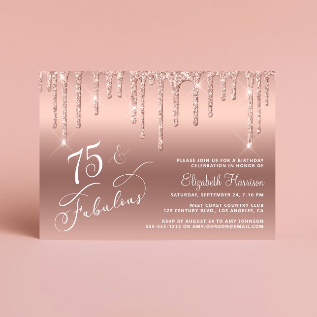 Elegant Rose Gold Glitter 75th Birthday Party Invitation (Celebrate her 75 years of sparkle with an elegant rose gold glitter birthday party invitation  🎉 🎂)