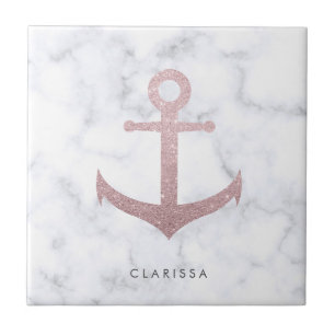 elegant  rose gold glitter anchor white marble tile